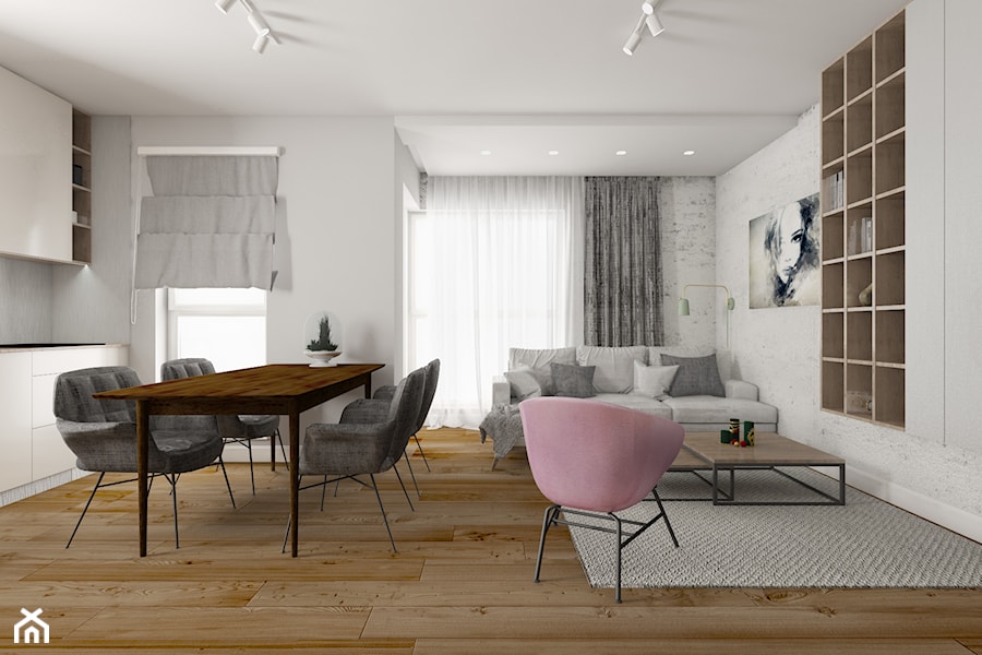 Biało-szary salon z aneksem kuchennym i drewnianą podłogą - zdjęcie od OHHOME - projekty, remonty, meble