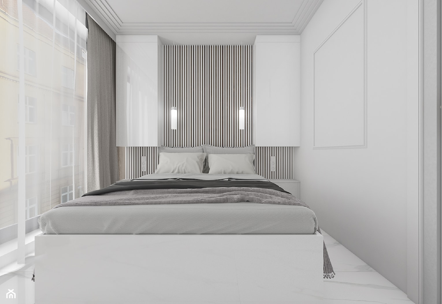 Jasna sypialnia z wysokimi oknami i zabudową na wymiar - zdjęcie od OHHOME - projekty, remonty, meble - Homebook