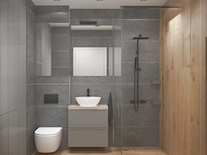 Szara łazienka z płytkami z imitacją drewna - zdjęcie od OHHOME - projekty, remonty, meble