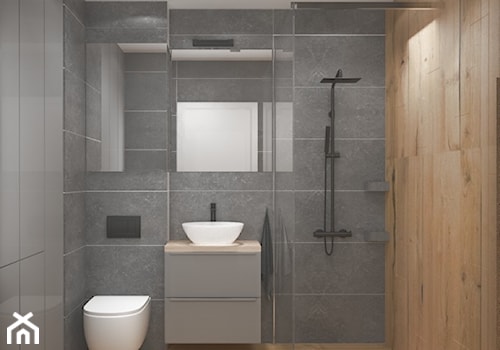Szara łazienka z płytkami z imitacją drewna - zdjęcie od OHHOME - projekty, remonty, meble