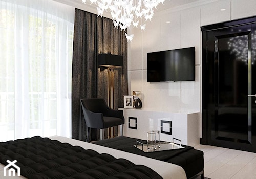 REZYDENCJA POD PŁOCKIEM sypialnia - Średnia biała z panelami tapicerowanymi sypialnia z balkonem / tarasem, styl glamour - zdjęcie od MAJER concept