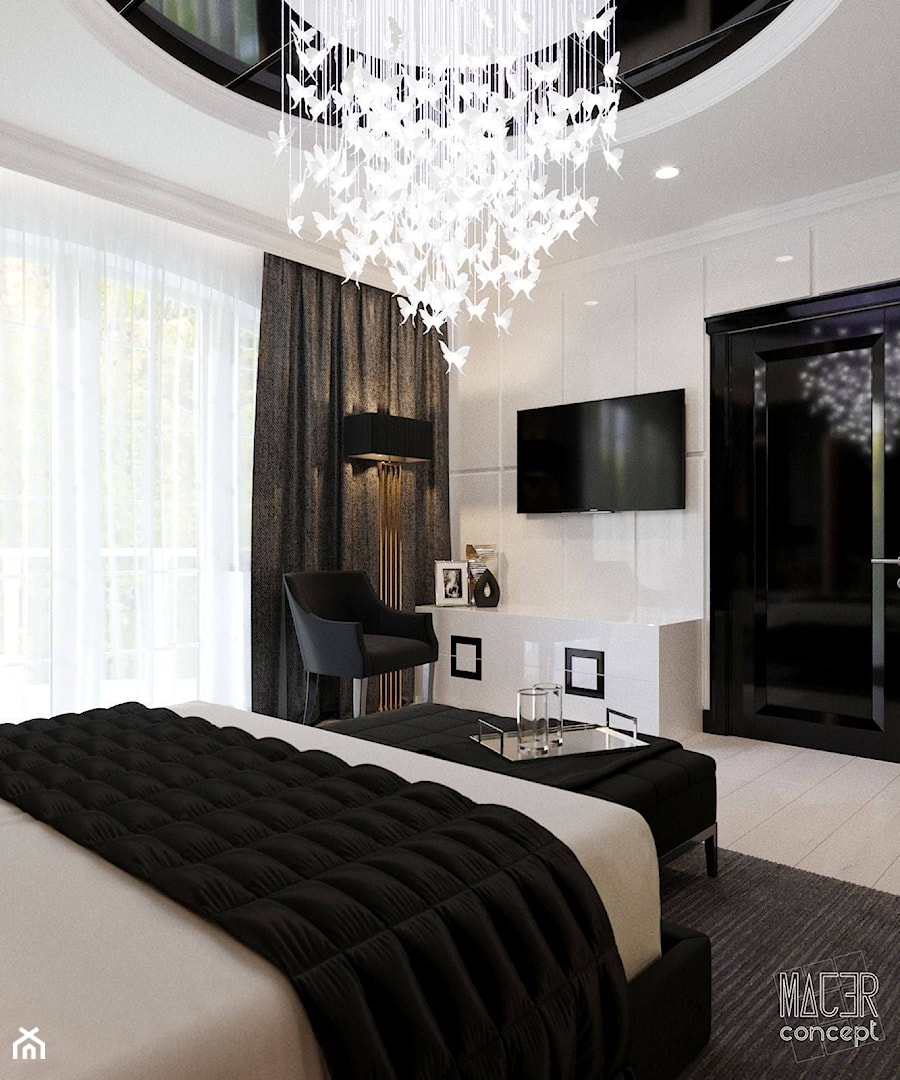 REZYDENCJA POD PŁOCKIEM sypialnia - Średnia biała z panelami tapicerowanymi sypialnia z balkonem / tarasem, styl glamour - zdjęcie od MAJER concept