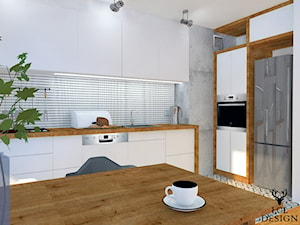 Kuchnia na Targówku - Średnia otwarta z salonem biała szara z zabudowaną lodówką z lodówką wolnostojącą z nablatowym zlewozmywakiem kuchnia jednorzędowa z oknem, styl nowoczesny - zdjęcie od ŁOŁ DESIGN