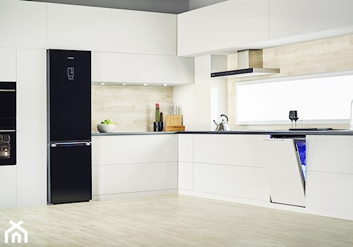 Lodówki - Duża otwarta z salonem z lodówką wolnostojącą kuchnia w kształcie litery l, styl nowoczesny - zdjęcie od Samsung Electronics Co., Ltd.