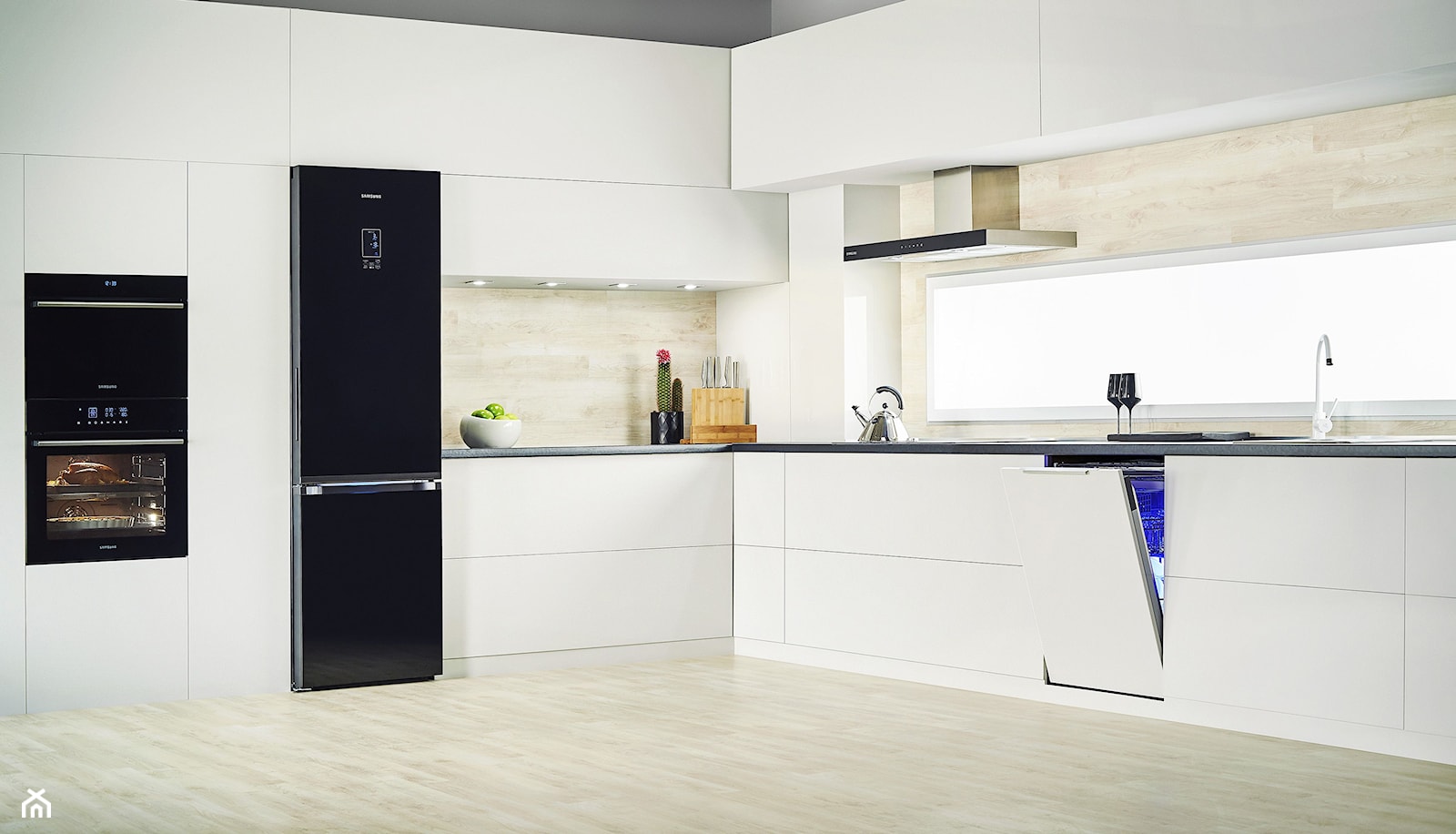 Lodówki - Duża otwarta z salonem z lodówką wolnostojącą kuchnia w kształcie litery l, styl nowoczesny - zdjęcie od Samsung Electronics Co., Ltd. - Homebook
