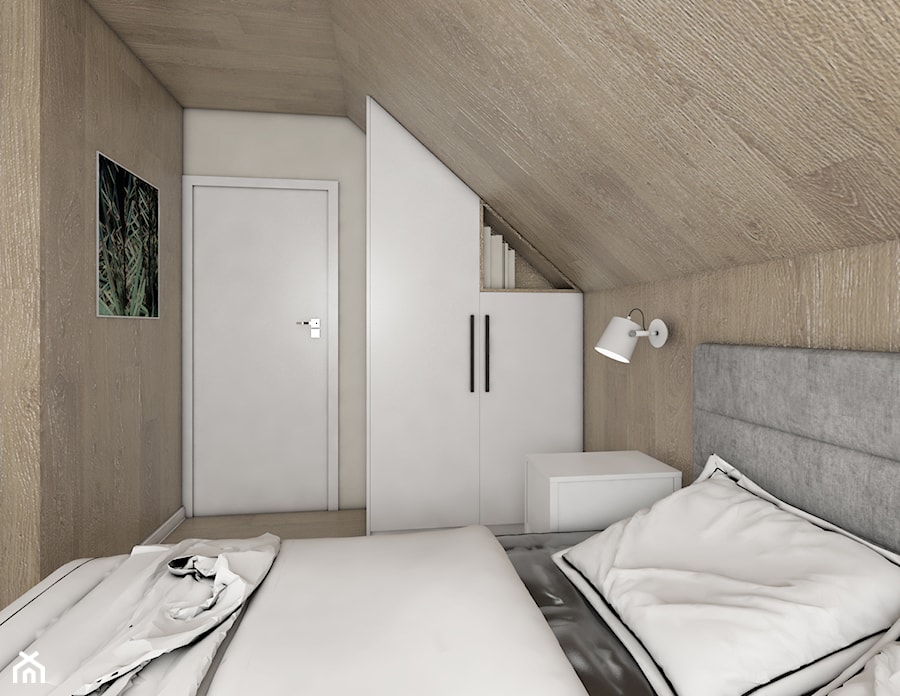 Domy w Jantarze - Mała szara sypialnia na poddaszu - zdjęcie od Pracownia Projektowa Decoretti - Agata Jachimowicz