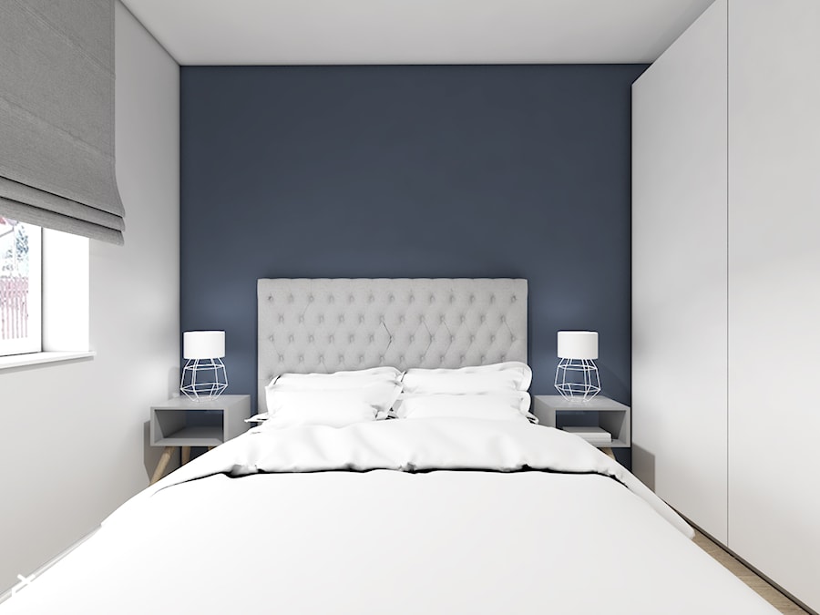 Dom w Chwaszczynie - Mała biała niebieska sypialnia - zdjęcie od Pracownia Projektowa Decoretti - Agata Jachimowicz