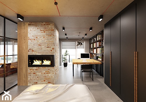 Loft Wałowa - Duża szara z biurkiem sypialnia, styl industrialny - zdjęcie od Pracownia Projektowa Decoretti - Agata Jachimowicz