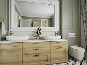 Pistacjowa Łazienka - Średnia z lustrem z dwoma umywalkami z prostokątnym lustrem z białą ceramiką ze złotą armaturą łazienka, styl nowoczesny - zdjęcie od Pracownia Projektowa Decoretti - Agata Jachimowicz