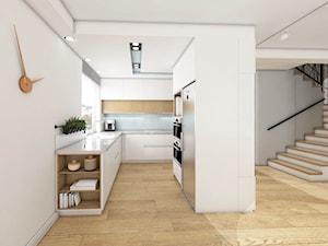 Dom w Czaplach - Średnia otwarta z salonem biała z zabudowaną lodówką z nablatowym zlewozmywakiem kuchnia w kształcie litery u z oknem - zdjęcie od Pracownia Projektowa Decoretti - Agata Jachimowicz