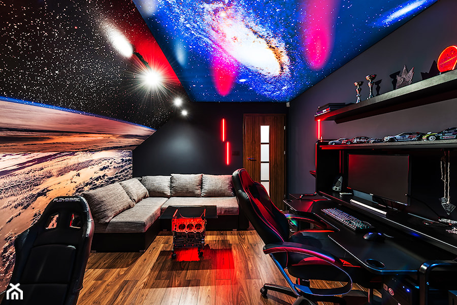 Space Room - Średnie w osobnym pomieszczeniu z sofą z zabudowanym biurkiem czarne biuro - zdjęcie od Pracownia Projektowa Decoretti - Agata Jachimowicz