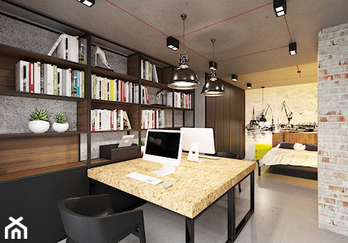 Loft Wałowa - Średnie w osobnym pomieszczeniu beżowe szare biuro, styl industrialny - zdjęcie od Pracownia Projektowa Decoretti - Agata Jachimowicz