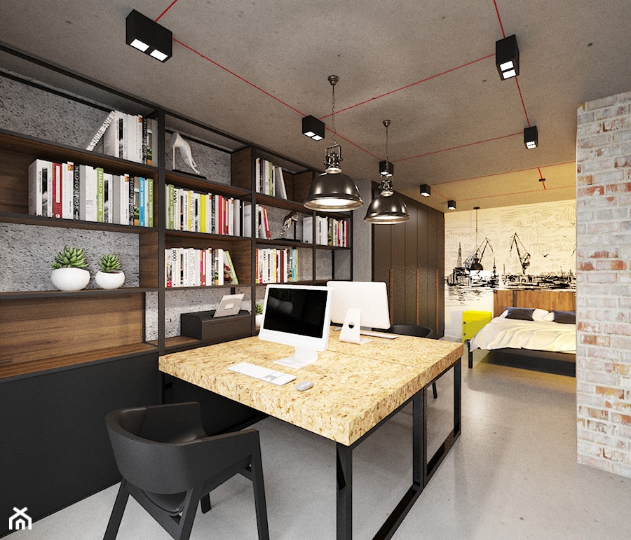 Loft Wałowa - Średnie w osobnym pomieszczeniu beżowe szare biuro, styl industrialny - zdjęcie od Pracownia Projektowa Decoretti - Agata Jachimowicz