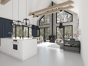 Modern Barn - Duży biały szary salon z kuchnią z jadalnią, styl minimalistyczny - zdjęcie od Pracownia Projektowa Decoretti - Agata Jachimowicz