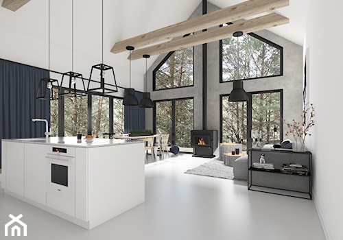 Modern Barn - Duży biały szary salon z kuchnią z jadalnią, styl minimalistyczny - zdjęcie od Pracownia Projektowa Decoretti - Agata Jachimowicz