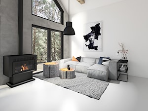 Modern Barn - Mały biały szary salon, styl minimalistyczny - zdjęcie od Pracownia Projektowa Decoretti - Agata Jachimowicz