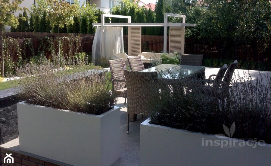 Ogród nowoczesny w Wilanowie - Średni z kamienną nawierzchnią ogród za domem z pergolą, styl minimalistyczny - zdjęcie od Studio projektowe INSPIRACJE - Homebook