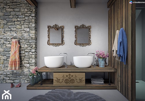 Nablatowa umywalka Cristalstone Separado – Vidrio Cinco - Mała na poddaszu bez okna z dwoma umywalkami łazienka, styl rustykalny - zdjęcie od Cristalstone