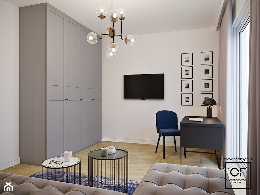 Eleganckie wnętrza w domu jednorodzinnym - Średnie w osobnym pomieszczeniu z sofą białe z fotografiami na ścianie biuro, styl glamour - zdjęcie od O.Fiedorowicz