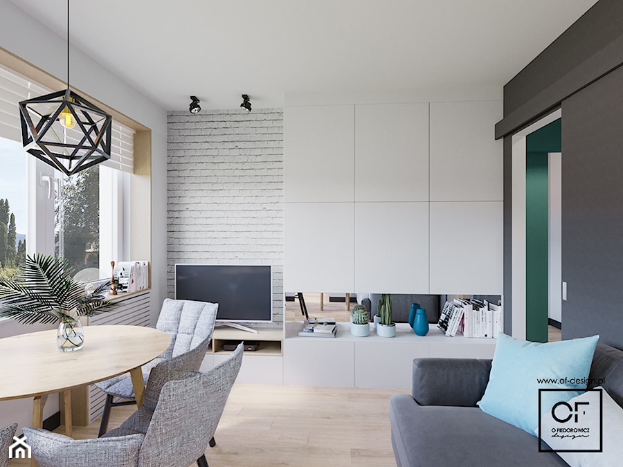 Małe mieszkanie z nutą ekstrawagancji - Mały biały szary salon z jadalnią, styl skandynawski - zdjęcie od O.Fiedorowicz