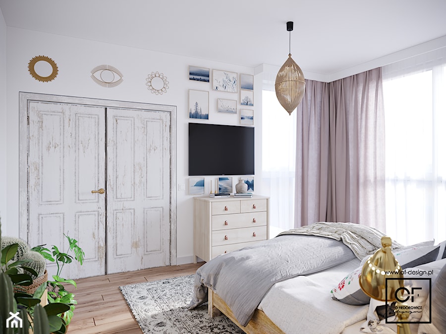 Boho mieszkanie w Warszawie - Średnia biała sypialnia, styl skandynawski - zdjęcie od O.Fiedorowicz