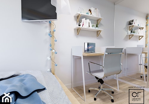 Małe mieszkanie z nutą ekstrawagancji - Mała biała z biurkiem sypialnia, styl skandynawski - zdjęcie od O.Fiedorowicz