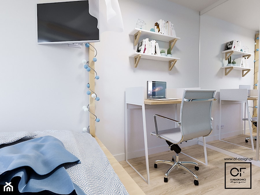 Małe mieszkanie z nutą ekstrawagancji - Mała biała z biurkiem sypialnia, styl skandynawski - zdjęcie od O.Fiedorowicz
