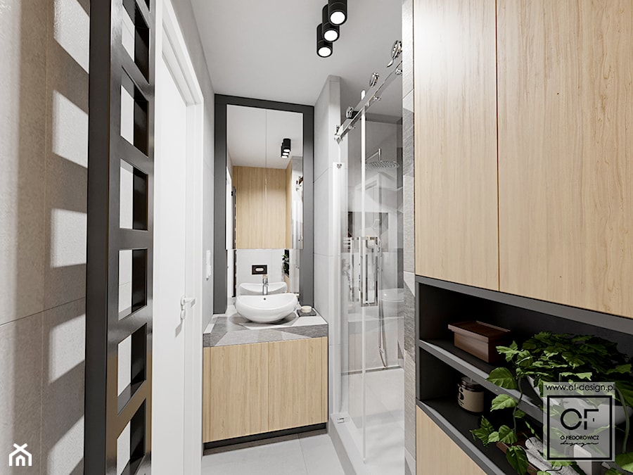Małe mieszkanie z nutą ekstrawagancji - Mała bez okna z lustrem z punktowym oświetleniem łazienka, styl skandynawski - zdjęcie od O.Fiedorowicz