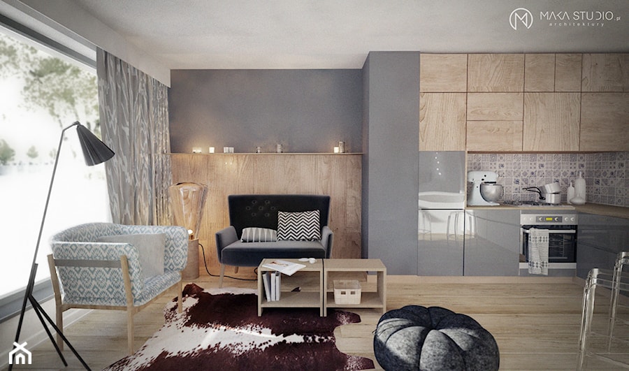wnętrze kawalerki - Średni szary salon z kuchnią, styl skandynawski - zdjęcie od MΛKΛ Studio