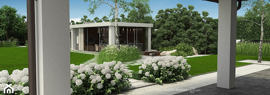 Projekt ogrodu modernistycznego z altaną ogrodową w stylu Garden House - zdjęcie od GreenDesign