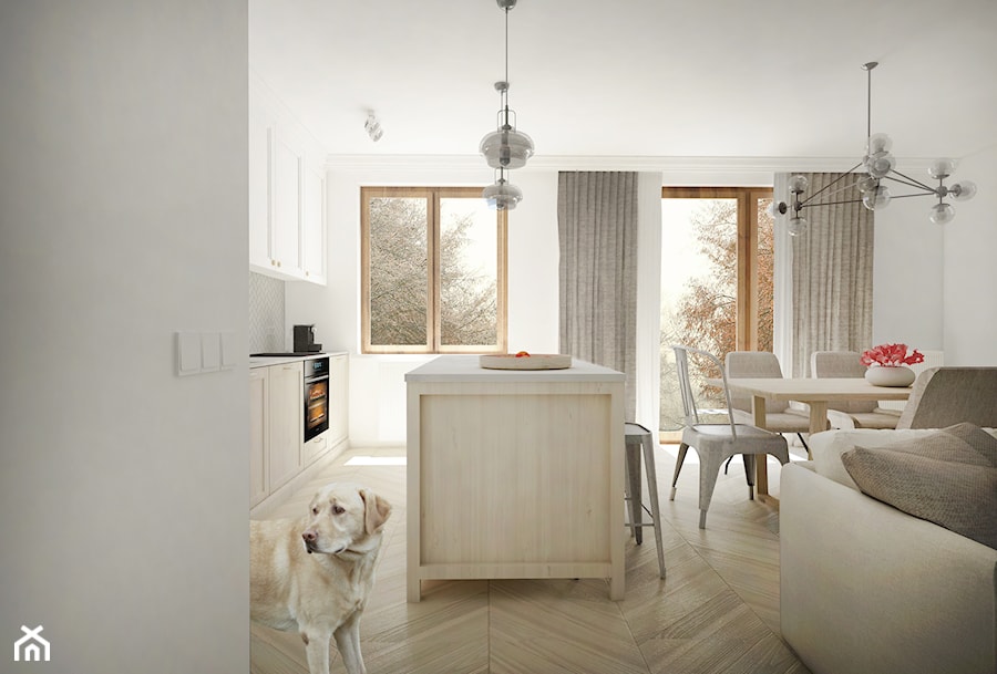 Mieszkanie w stylu Hampton - Duży biały salon z kuchnią z jadalnią, styl nowoczesny - zdjęcie od HOME AND WOOD