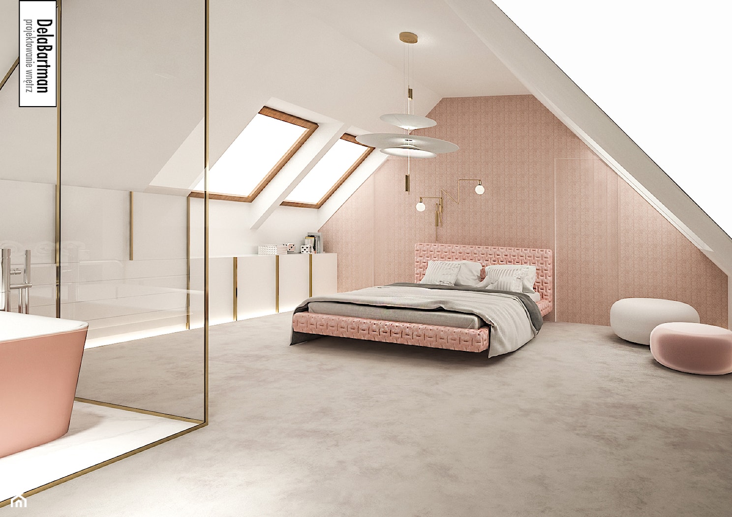 sypialnia połączona z łazienką w pudrowym różu - zdjęcie od DelaBartman - Homebook