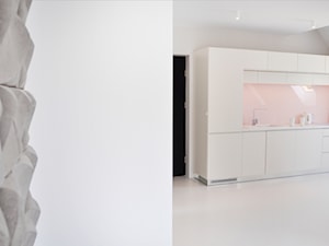 Apartament do wynajęcia Oświęcim II - Biała z zabudowaną lodówką z podblatowym zlewozmywakiem kuchnia jednorzędowa z kompozytem na ścianie nad blatem kuchennym, styl minimalistyczny - zdjęcie od DelaBartman
