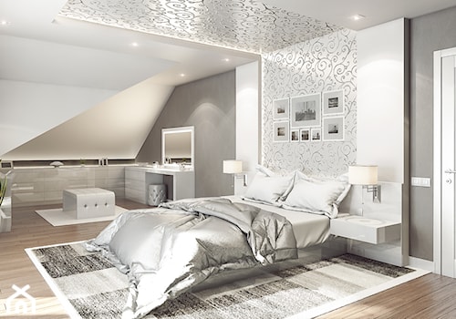 SYPIALNIA #1 - Duża biała szara z biurkiem sypialnia na poddaszu, styl glamour - zdjęcie od OneArtStudio