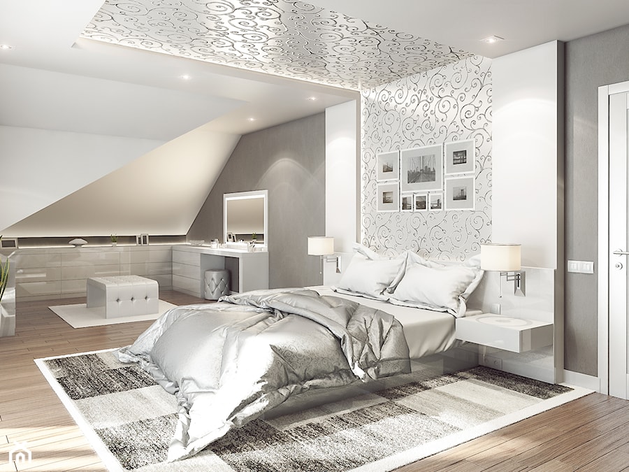 SYPIALNIA #1 - Duża biała szara z biurkiem sypialnia na poddaszu, styl glamour - zdjęcie od OneArtStudio
