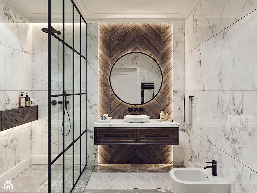 ŁAZIENKA #1 - Średnia bez okna z lustrem z marmurową podłogą łazienka, styl rustykalny - zdjęcie od OneArtStudio