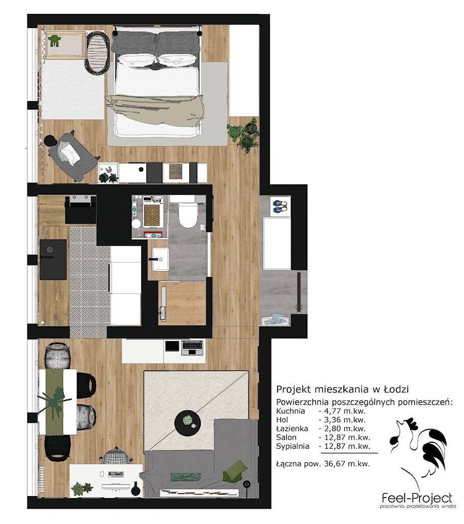 Projekt mieszkania 36,67 m.kw. w Łodzi - zdjęcie od Feel-Project - Homebook