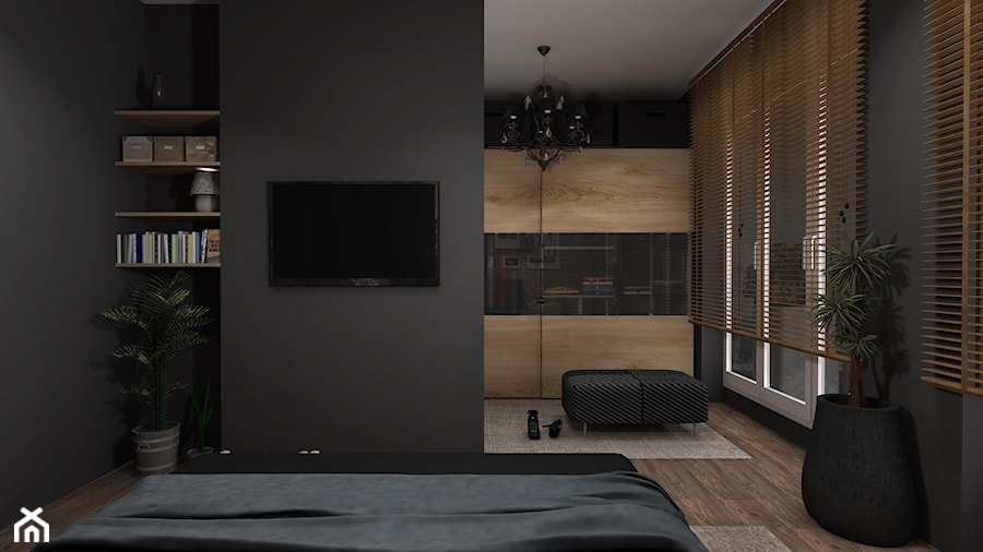 Mieszkanie 50m2 - Duża czarna sypialnia z garderobą, styl nowoczesny - zdjęcie od Feel-Project