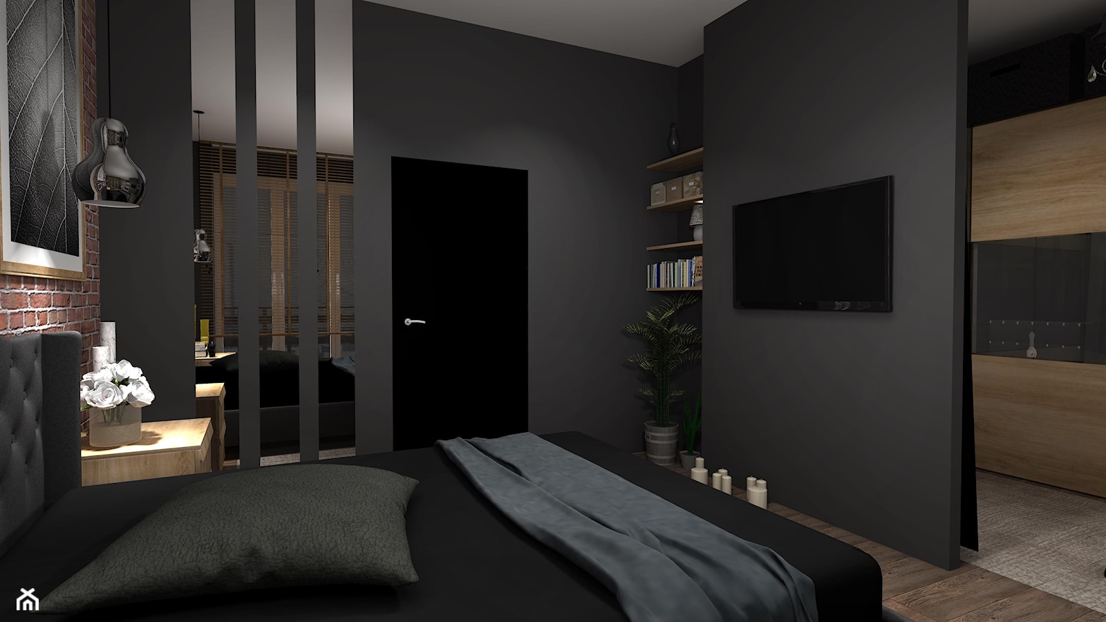 Mieszkanie 50m2 - Duża czarna sypialnia z garderobą, styl nowoczesny - zdjęcie od Feel-Project - Homebook