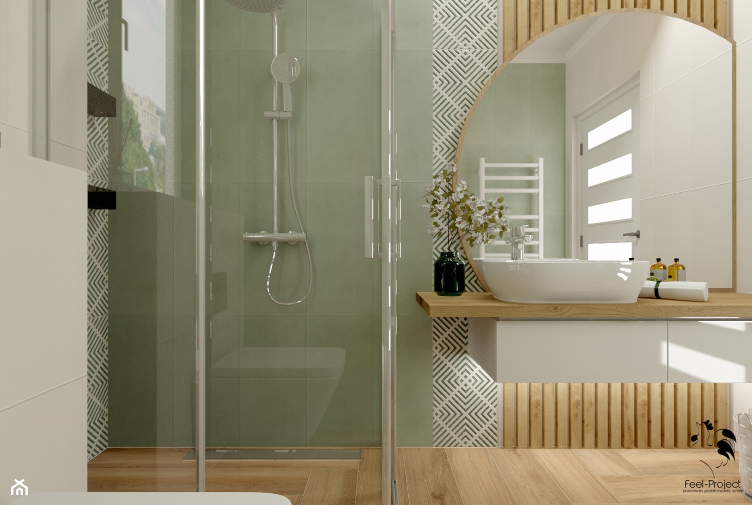 Zielona łazienka z dodatkiem drewna - zdjęcie od Feel-Project - Homebook