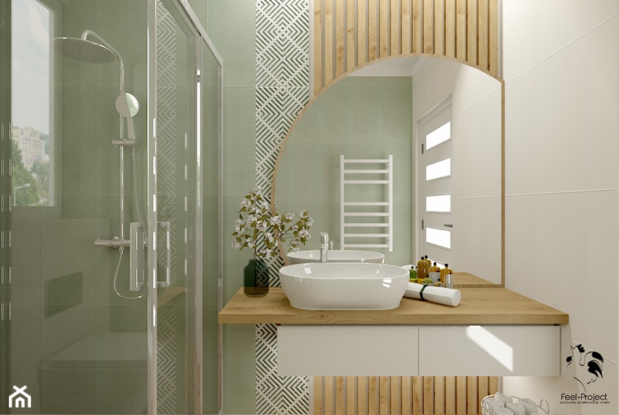 Zielona łazienka z dodatkiem drewna - zdjęcie od Feel-Project