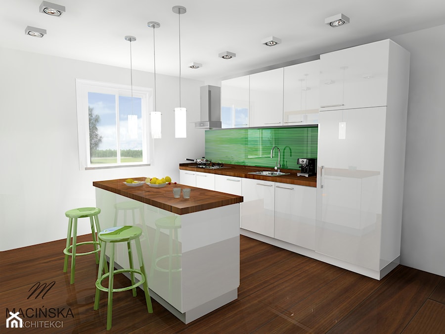 Drewno w kuchni - Średnia otwarta biała z zabudowaną lodówką z lodówką wolnostojącą z nablatowym zlewozmywakiem kuchnia jednorzędowa z wyspą lub półwyspem z oknem, styl nowoczesny - zdjęcie od MACIŃSKA ARCHITEKCI