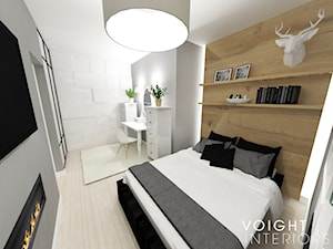 Sypialnia z aneksem do pracy - Średnia biała szara z panelami tapicerowanymi sypialnia, styl skandynawski - zdjęcie od Voight Interiors