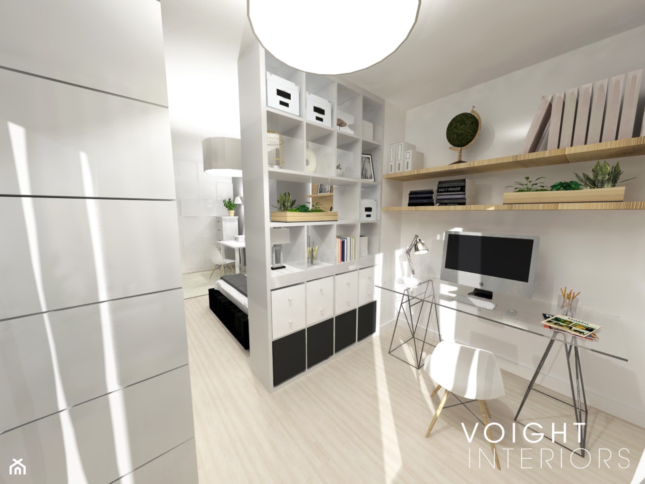 Sypialnia z aneksem do pracy - Duże w osobnym pomieszczeniu z sofą białe biuro, styl skandynawski - zdjęcie od Voight Interiors - Homebook