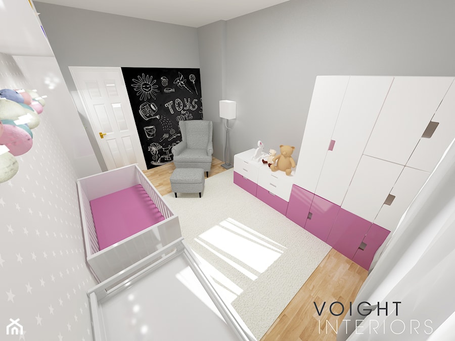 Sypialnia dla małej księżniczki - Średni szary pokój dziecka dla niemowlaka dla dziewczynki, styl skandynawski - zdjęcie od Voight Interiors
