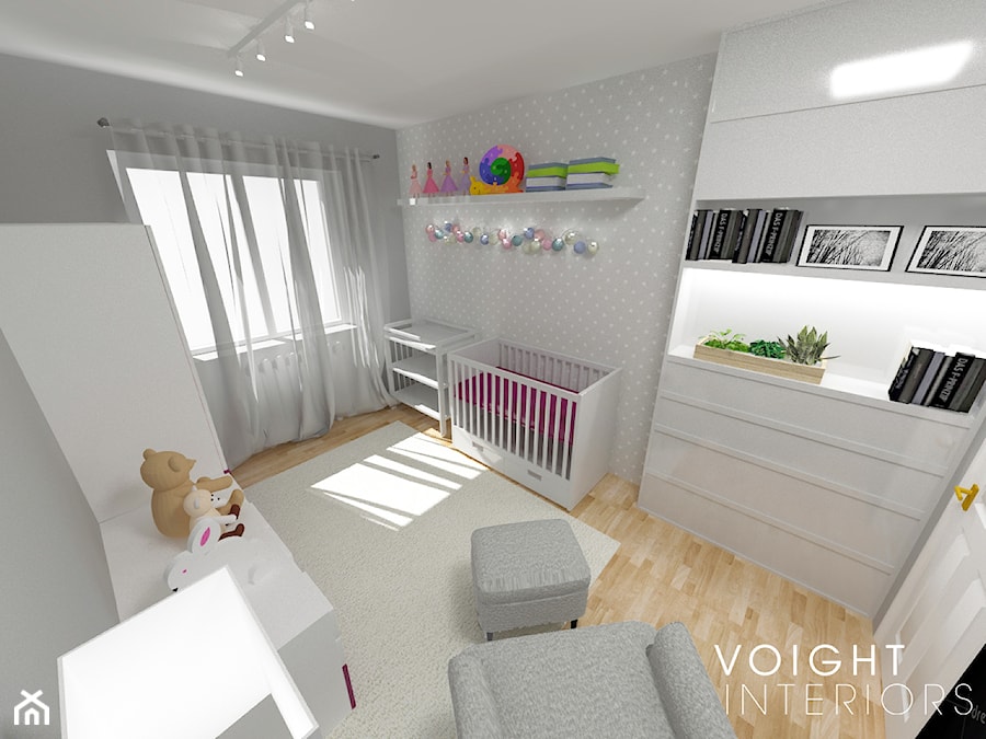 Duży szary pokój dziecka dla niemowlaka dla chłopca dla dziewczynki, styl skandynawski - zdjęcie od Voight Interiors