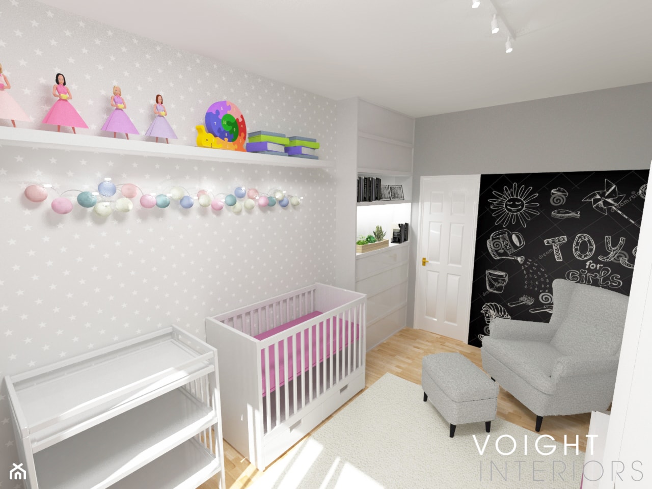 Sypialnia dla małej księżniczki - Średni czarny szary pokój dziecka dla niemowlaka dla chłopca dla dziewczynki, styl skandynawski - zdjęcie od Voight Interiors - Homebook
