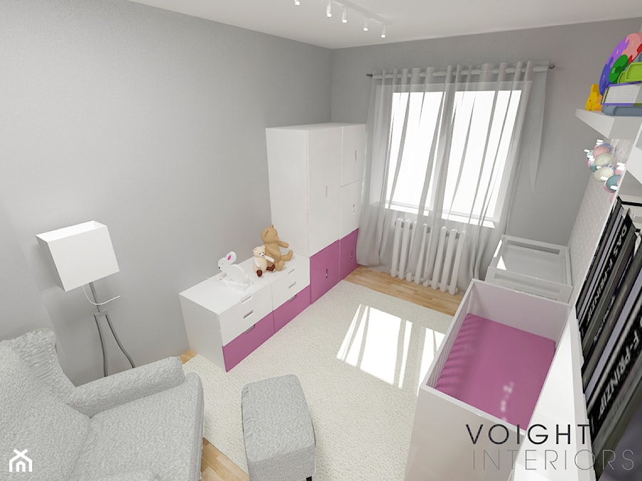 Mały biały szary pokój dziecka dla niemowlaka dla dziewczynki, styl skandynawski - zdjęcie od Voight Interiors