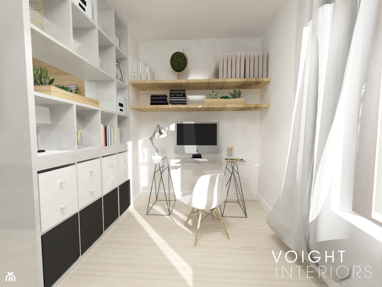 Sypialnia z aneksem do pracy - Małe białe biuro, styl skandynawski - zdjęcie od Voight Interiors - Homebook