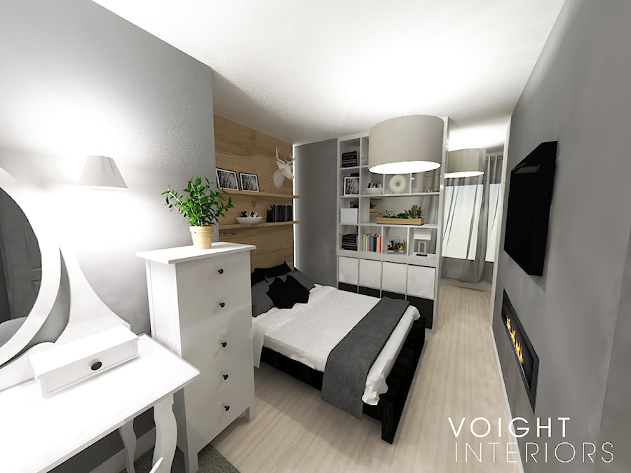 Sypialnia z aneksem do pracy - Średnia szara sypialnia, styl skandynawski - zdjęcie od Voight Interiors